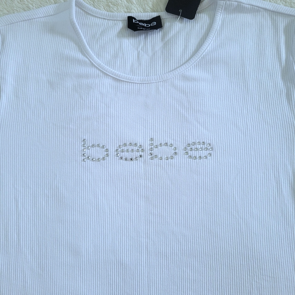 bebe White Ribbed Top with Clear Rhinestones💎 - NWT - Picture 11 of 15